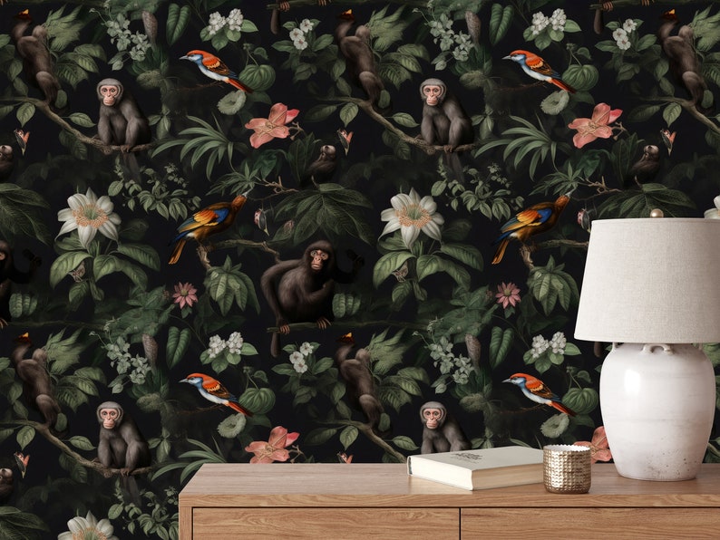Dark Botanic Wallpaper Cheetahs and Monkeys, Secret Garden Mural, Dark