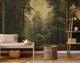 May include: A living room interior with a wall mural depicting a forest scene. The mural features a path through a dense forest with tall trees and a misty atmosphere. The room is decorated with a wooden bench, a wicker basket, and a wooden shelf with decorative items.