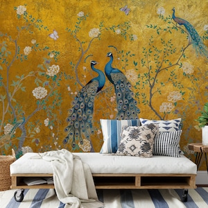 Chinoiserie Wallpaper Peacock Wall Mural, Chinoiserie Wallpaper Peel and Stick, Wallpaper With Birds and Flowers, Gold Wallpaper