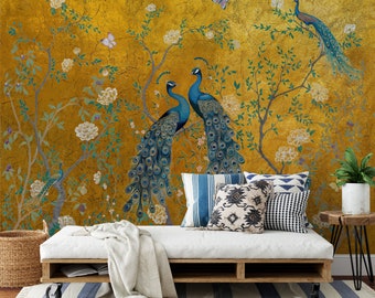Chinoiserie Peacock Wallpaper Mural: Peel and Stick Gold Floral Wall Art