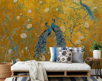 Chinoiserie Wallpaper Peacock Wall Mural, Chinoiserie Wallpaper Peel and Stick, Wallpaper With Birds and Flowers, Gold Wallpaper