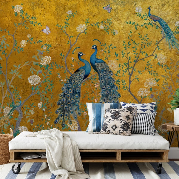 Chinoiserie Peacock Wallpaper Mural: Peel and Stick Gold Floral Wall Art