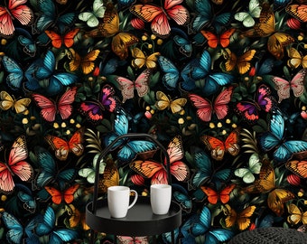 Butterfly Wallpaper Botanical Wallpaper Secret, Dark Botanical Peel and Stick Wallpaper, Dark Luxury Wallpaper, Butterfly Wallpaper Bathroom