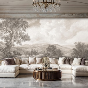 Vintage Landscape Peel and Stick Wallpaper, Sepia Landscape Peel and Stick Wallpaper, Panoramic Landscape Wallpaper, Vintage Scenic Mural