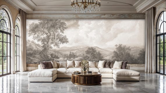 Vintage Sepia Landscape Mural - Panoramic Peel and Stick Wallpaper