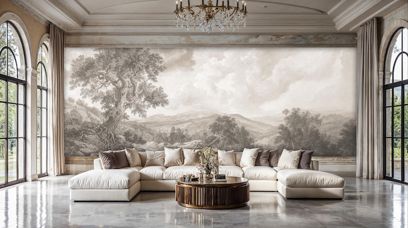 Vintage Landscape Peel and Stick Wallpaper, Sepia Landscape Peel and Stick Wallpaper, Panoramic Landscape Wallpaper, Vintage Scenic Mural