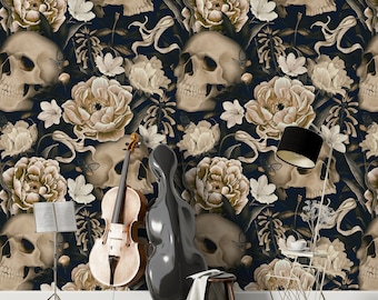 Dark Floral With Skull Wallpaper, Gothic Flower Wall Mural, Peel and Stick Wallpaper, Peony Floral Wallpaper, Gothic Wallpaper, Skull Mural
