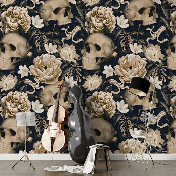 Dark Floral With Skull Wallpaper, Gothic Flower Wall Mural, Peel and Stick Wallpaper, Peony Floral Wallpaper, Gothic Wallpaper, Skull Mural