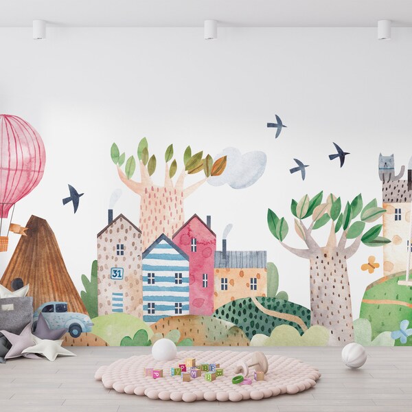 Hot Air Balloon Wallpaper, Kids Room Wallpaper, Watercolor Wallpaper, Mountain Wallpaper, Fun Wallpaper, Landscape Wallpaper, Kids Mural