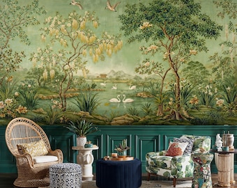 Chinoiserie Lake and Swans Wall Mural: Green Asian Forest Peel and Stick Wallpaper