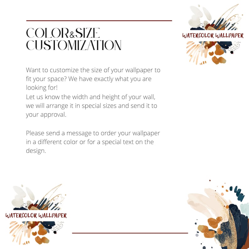 Pu&ograve; includere: Testo sovrapposto su uno sfondo bianco con un design ad acquerello in tonalit&agrave; di marrone, beige e blu. Il testo recita "COLOR & SIZE CUSTOMIZATION" e "WATERCOLOR WALLPAPER".