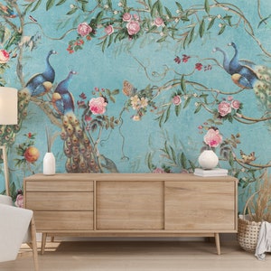 Chinoiserie Peacock Wallpaper: Vintage Floral Peel and Stick Mural