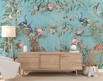 Chinoiserie Flowers and Birds Wallpaper, Peacock with Peony Flowers Wall Mural, Vintage Wallpaper,  Cherry Blossom Mural, Chinoiserie Mural