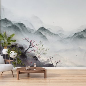 Chinoiserie Mountain Wallpaper Mural: Scenic Landscape, Peel and Stick