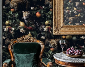 Dark Jungle Peel and Stick Wallpaper: Exotic Leopard Leaf Mural
