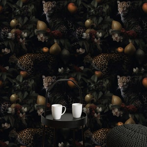 Dark Jungle Wallpaper, Peel and Stick Exotic Leaf with Leopard Wall Mural , Wallpaper Vintage, Dark Luxury Floral Wallpaper, Tropical Mural