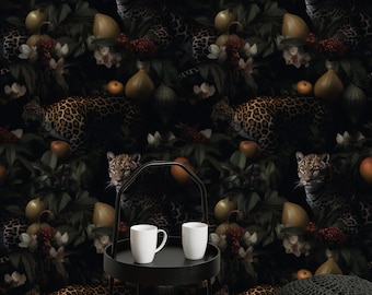 Dark Jungle Wallpaper, Peel and Stick Exotic Leaf with Leopard Wall Mural , Wallpaper Vintage, Dark Luxury Floral Wallpaper, Tropical Mural