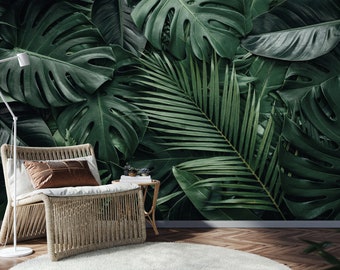 Dark Tropical Wallpaper Jungle Leaves Elegant Monstera Leaf Peel and Stick, Tropical Leaf Wallpaper, Dark Nature Wallpaper, Landscape Mural