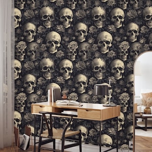 Gothic Skull Wallpaper for Walls, Dark Floral Wallpaper Peel and Stick, Dark Gothic Wallpaper Skeletons, Gothic Wallpaper, Dark Wallpaper