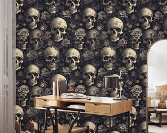 Gothic Skull Wallpaper for Walls, Dark Floral Wallpaper Peel and Stick, Dark Gothic Wallpaper Skeletons, Gothic Wallpaper, Dark Wallpaper