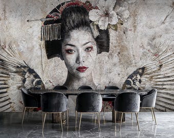 May include: A striking mural featuring a geisha with a detailed hairstyle and floral accents. The geisha's face is the focal point, with bold red lips and eye makeup. The mural is set above a dining table with black velvet chairs.