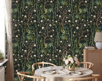 Dark Botanical Wallpaper: Flowers & Leaves, Peel and Stick Mural