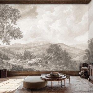 Puede incluir: Un mural de paisaje en sepia que representa una colina ondulada con &aacute;rboles y un cielo nublado. El mural se muestra en un sal&oacute;n con muebles y decoraci&oacute;n.