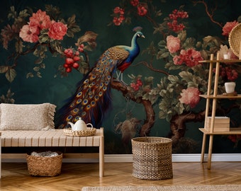 Chinoiserie Flowers and Birds Wallpaper, Navy Blue Peel and Stick Wallpaper, Peacock with Peony Flowers Wall Murals,Cherry Blossom WallMural