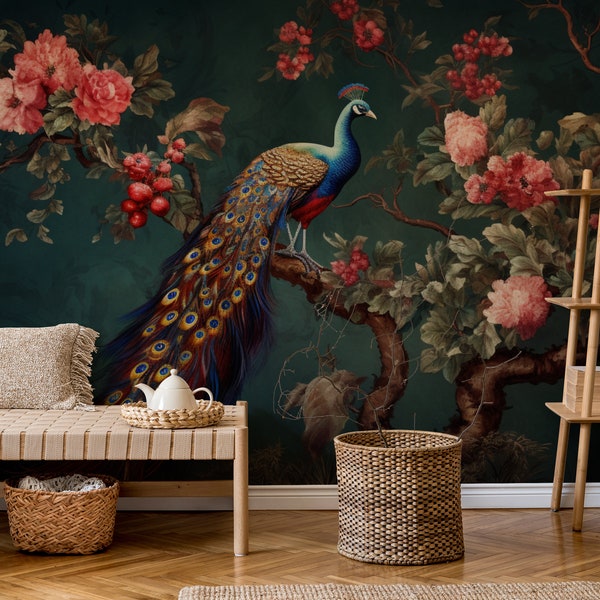 Chinoiserie Flowers and Birds Wallpaper, Navy Blue Peel and Stick Wallpaper, Peacock with Peony Flowers Wall Murals,Cherry Blossom WallMural