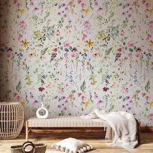 Watercolor Wallpaper Peel and Stick Wallpaper, Wild Garden Removable Wallpaper, Floral Wallpaper, Boho Wall Mural, Garden Botanical Mural