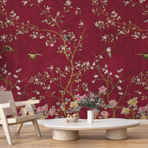 Vintage Chinoiserie Wallpaper with Birds Floral Ancient Wallpaper, Asian Wall Art, Peacock with Peony Flowers Wall Mural, Vintage Wallpaper