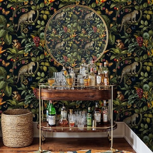 Jungle Peel and Stick Wallpaper, Dark Botanical Wallpaper, Dark Exotic Wallpaper, Tropical Wallpaper Mural , Vintage Butterfly Wallpaper