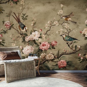 Chinoiserie Wallpaper Peel and Stick Watercolor Peony Tree Wall Mural, Vintage Chinoiserie Wallpaper, Asian Wall Art, Peony Wallpaper