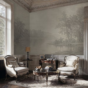 Scenic Landscape Wallpaper Gray, Rural Landscape Peel and Stick Wallpaper, Landscape Mural Wallpaper with Trees, Countryside Wallpaper