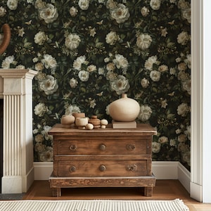 Dark Floral Peel and Stick Wallpaper, Peony Floral Large Wallpaper, Dark Botanical Wallpaper, Wallpaper Floral, Vintage Wallpaper,Dark Mural