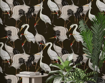 Japanese Crane Wallpaper: Chinoiserie Heron Print, Removable Mural