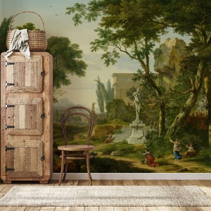 Oil Painting Landscape Wall Mural Peel and Stick Wallpaper, Countryside Landscape Wallpaper, Rural Painting Wallpaper, Vintage Scenic Mural