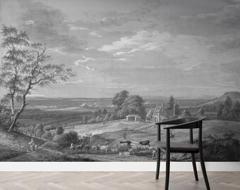 Black and White Old Landscape Art Wallpaper, Peel and Stick Wallpaper Landscape, Vintage Landscape Panoramic Wallpaper, Monochrome Wallpaper