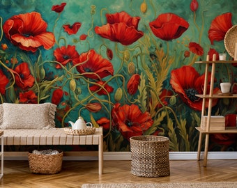 Art Nouveau Retro Flower Garden Wallpaper Mural, Peel and Stick Canvas Flowers Wallpaper Decoration Large Wall Murals, 3D Wall Murals Flower