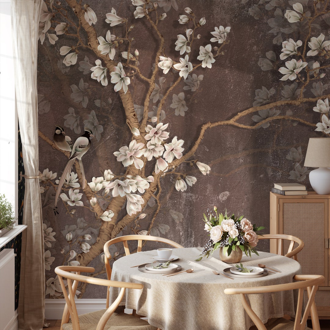 Brown Chinoiserie Wallpaper, Vintage Wallpaper With Birds Floral