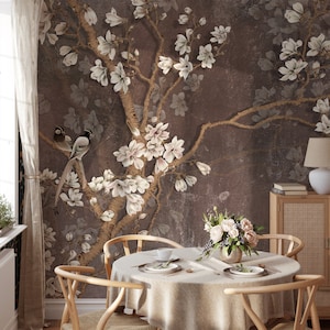 Brown Chinoiserie Wallpaper, Vintage Wallpaper with Birds Floral Ancient Wallpaper, Asian Flowers Chinoiserie Wallpaper, Peony Flowers Mural