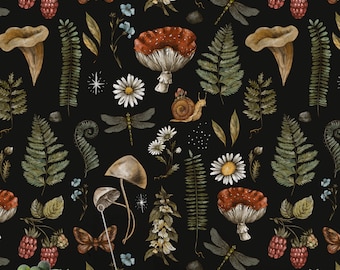 Dark Botanical Wallpaper: Daisy, Leaf, Mushroom Forest Mural