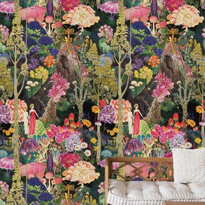 Colorful Botanical Peel and Stick Wallpaper, Vintage Floral Garden Wall Mural, Bohemian Forest Theme Wall Decor for Living Room or Bedroom