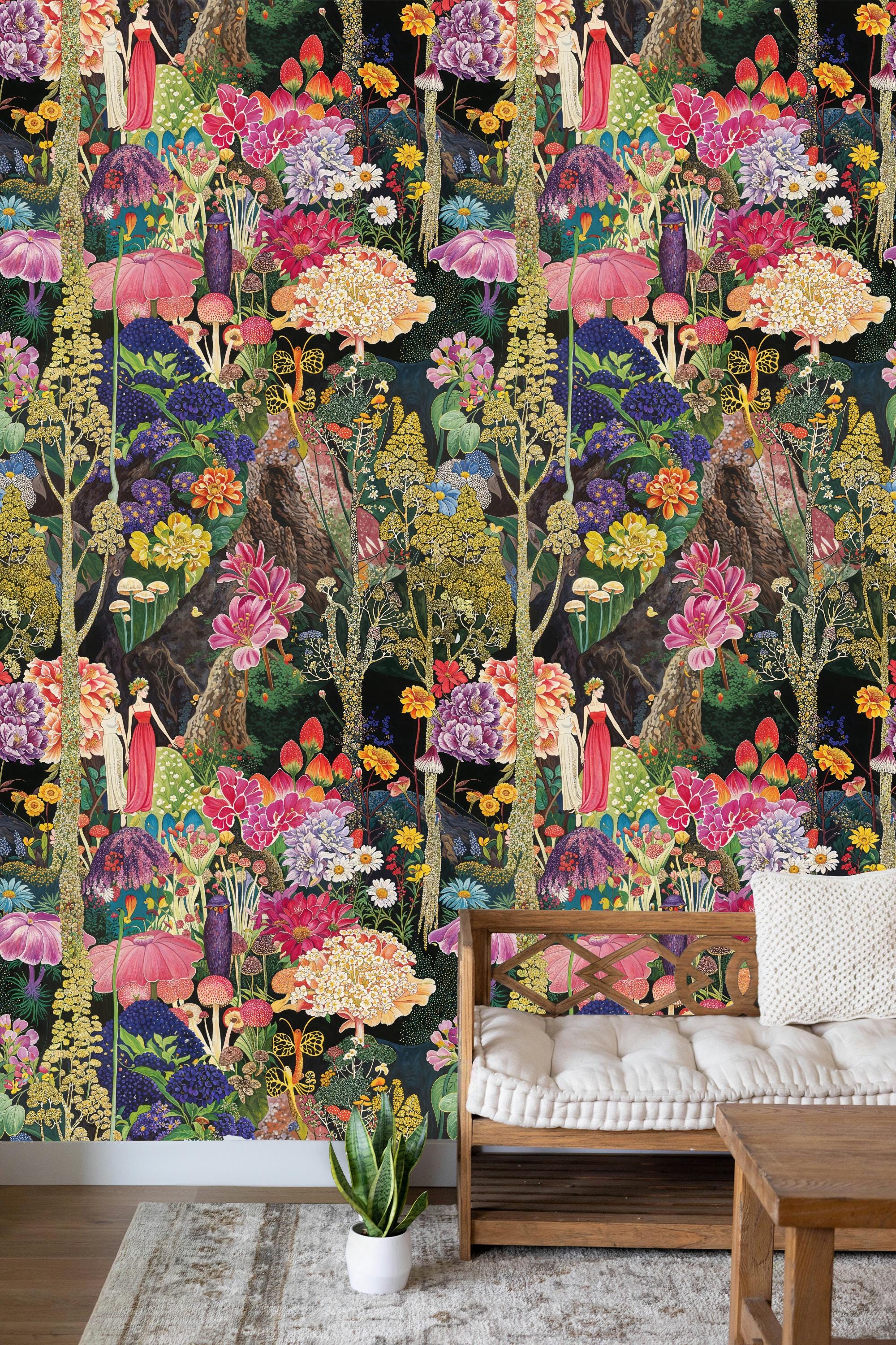 Colorful Botanical Peel and Stick Wallpaper, Vintage Floral Garden Wall Mural, Bohemian Forest Theme Wall Decor for Living Room or Bedroom
