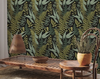 Merritt Botanical Fern Wallpaper Mural, Vintage Fern Wallpaper Peel and Stick, Greenery Fern Botanical Wallpaper, Dark Green Wallpaper