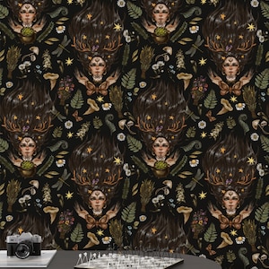 Witch Wallpaper, Magical Wallpaper, Vintage Wallpaper, Dark Botanical Wallpaper, Mushroom Wallpaper, Peel and Stick, Wall Mural Wallpaper