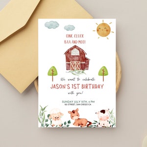Farm Birthday Invitation Editable Template, Red Barn Birthday Boy, Girl Birthday Barnyard Animals, Farm Animals Birthday Invite, BD61