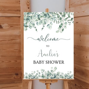 Baby shower welkom teken eucalyptus groen, 4 maten, bewerkbare sjabloon, groen sjabloon, eucalyptus bladeren, baby meisje jongen douche, WS01