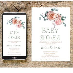 Editable Baby Shower Invitation, Printable and Electronic, Pink Roses Eucalyptus Invitation, Pink Floral Baby, Green Eucalyptus, Canva