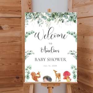 Cartello di benvenuto modificabile per baby shower Animali della foresta, cartello di benvenuto per baby shower a tema bosco, modificabile e stampabile con Canva